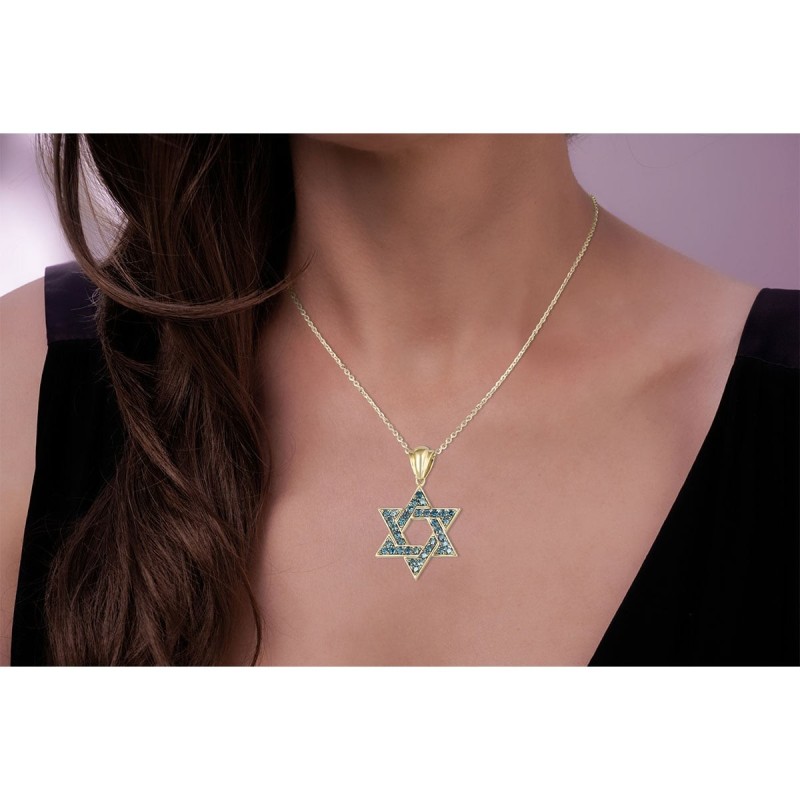 Pendentif étoile de David entrelacée en or jaune 14 carats avec 36 diamants bleus