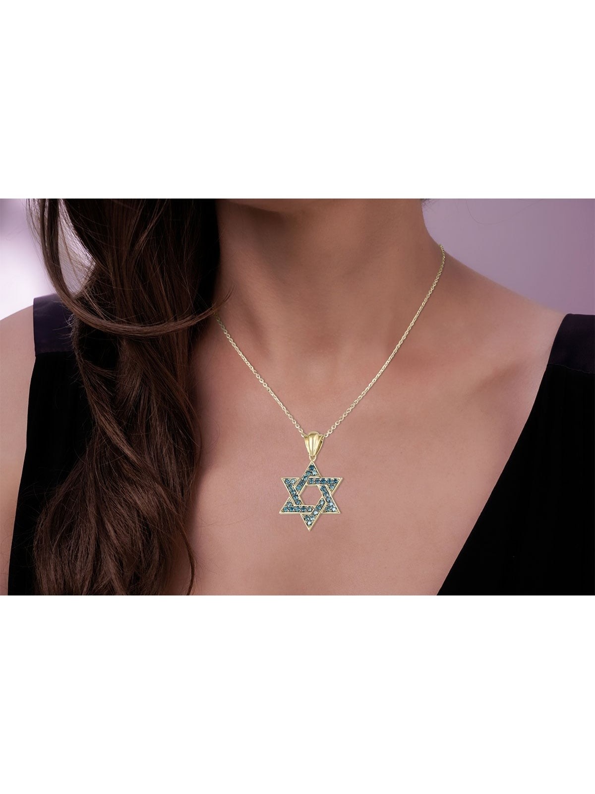 Pendentif étoile de David entrelacée en or jaune 14 carats avec 36 diamants bleus
