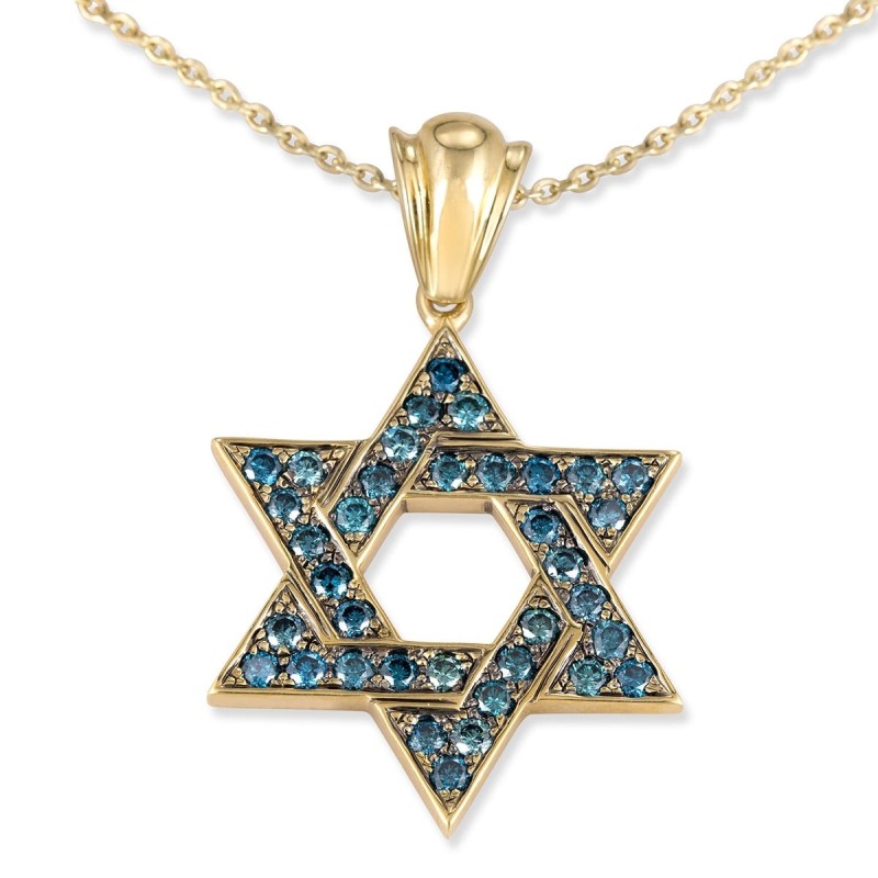Pendentif étoile de David entrelacée en or jaune 14 carats avec 36 diamants bleus