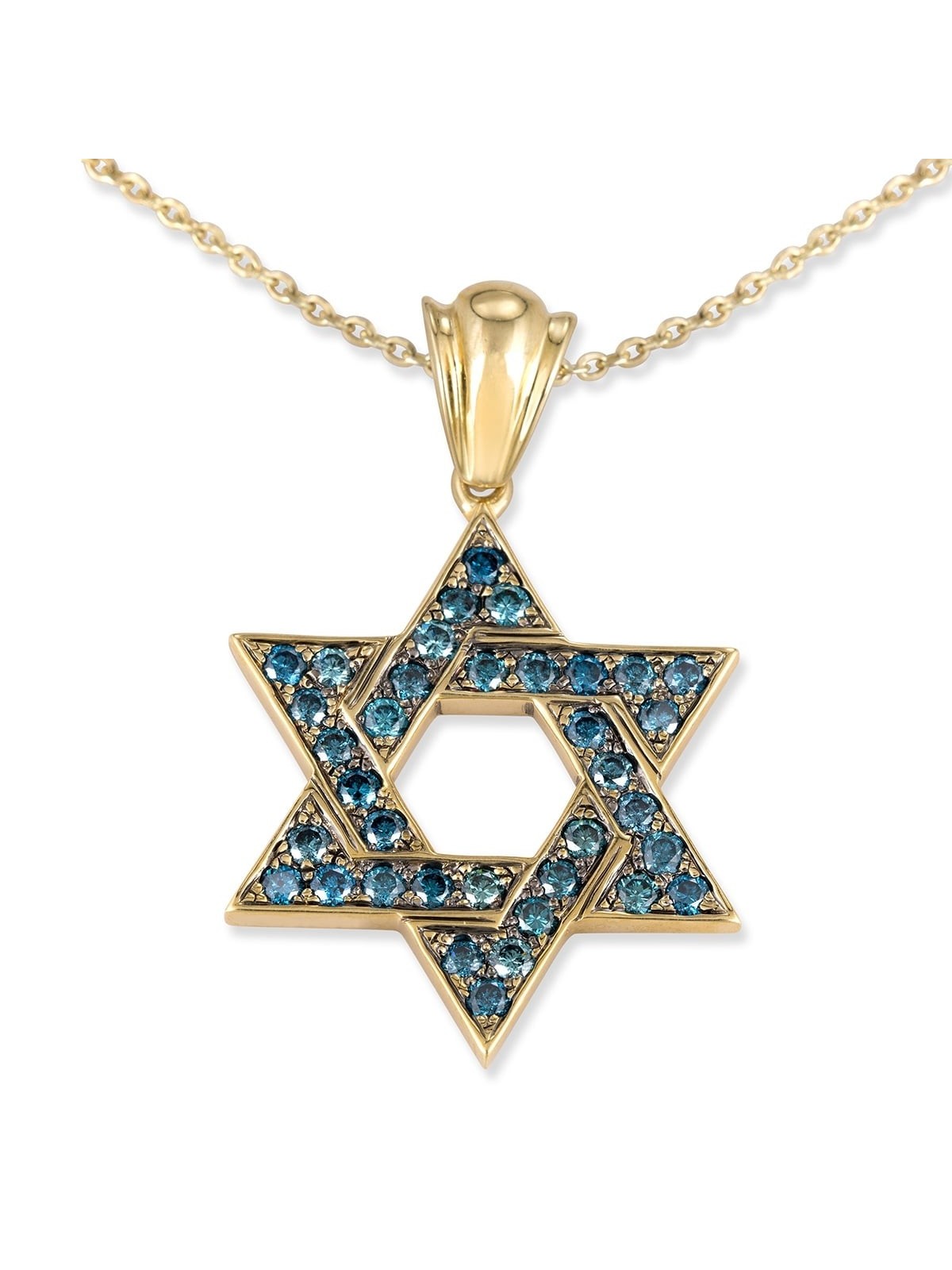 Pendentif étoile de David entrelacée en or jaune 14 carats avec 36 diamants bleus