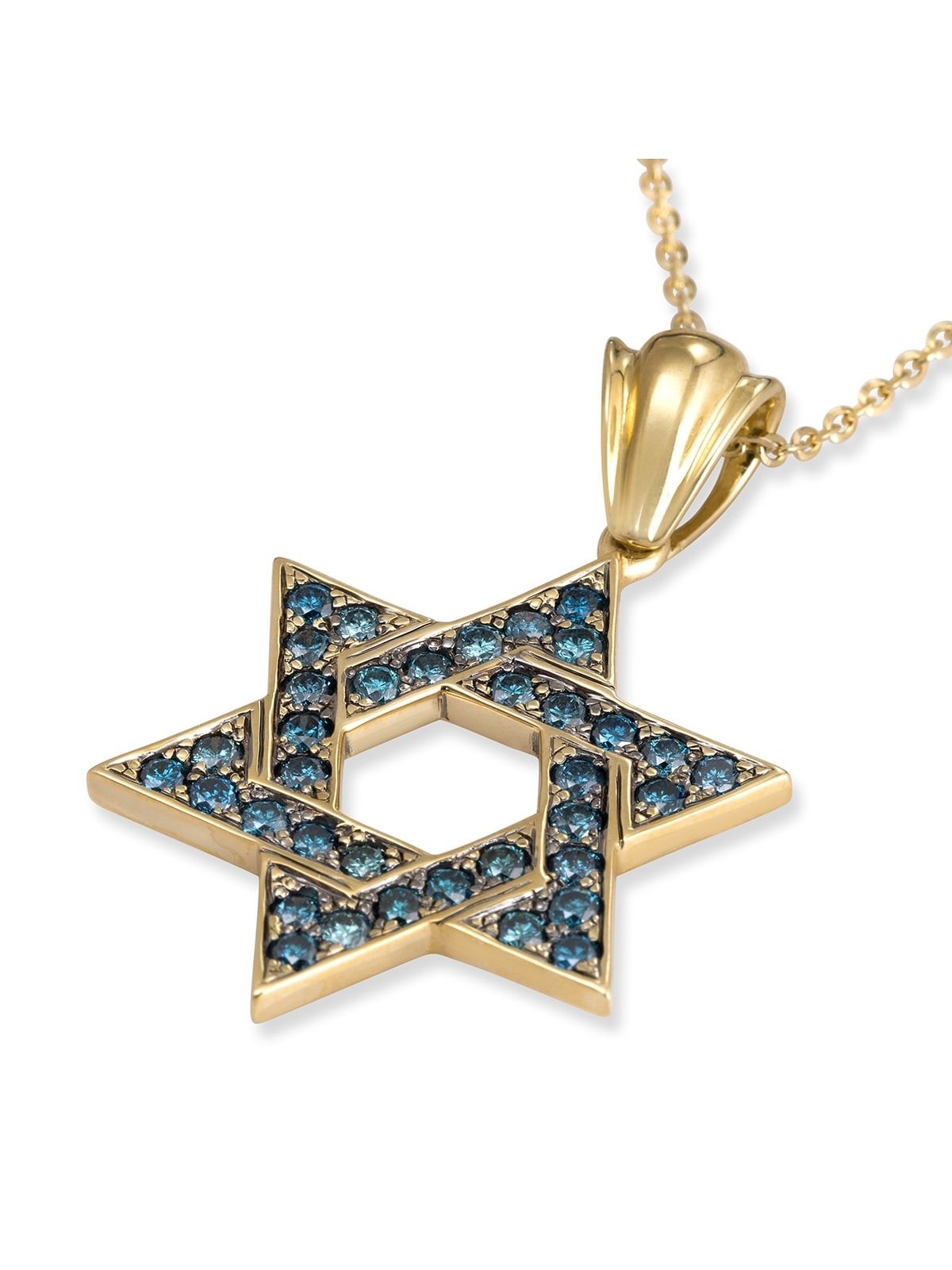 Pendentif étoile de David entrelacée en or jaune 14 carats avec 36 diamants bleus