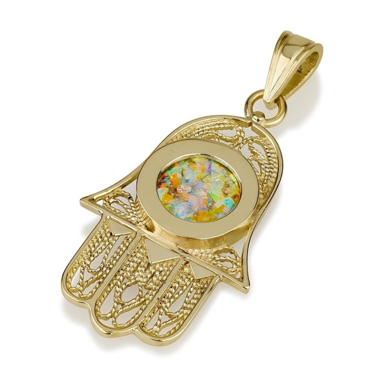 Pendentif Hamsa en filigrane d'or 14 carats avec ovale en verre romain