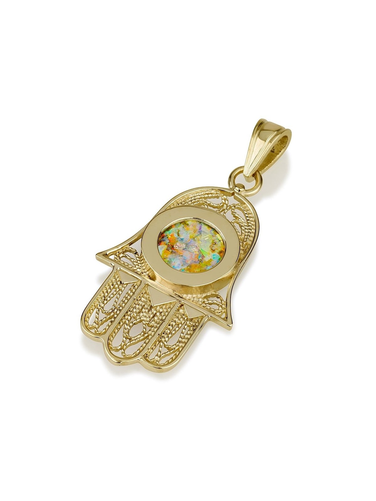 14K Gold Filigree Hamsa Pendant with Roman Glass Oval