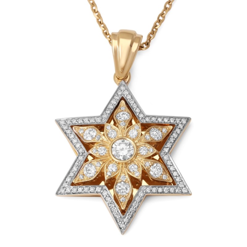 14K Gold Floral Star of David Pendant With 109 Diamonds