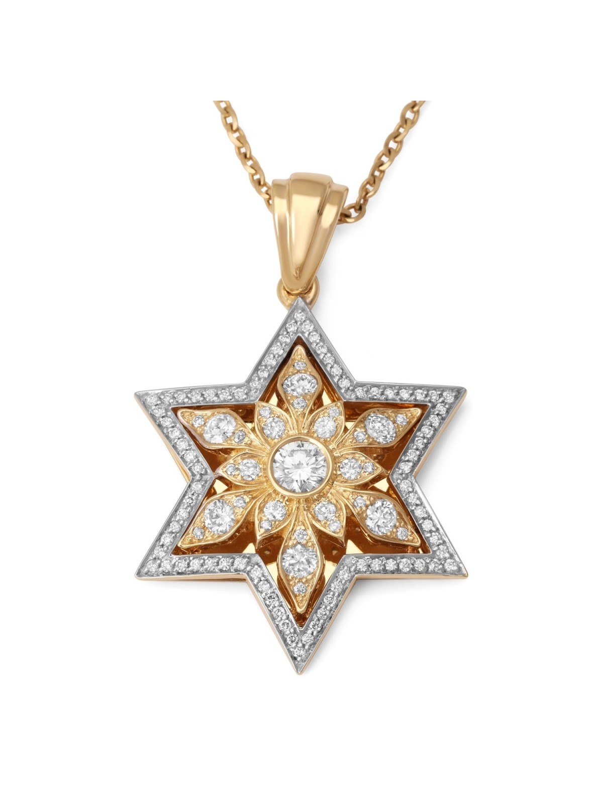 14K Gold Floral Star of David Pendant With 109 Diamonds