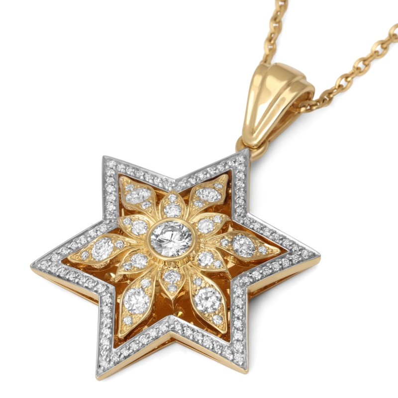 Pendentif étoile de David florale en or 14 carats avec 109 diamants