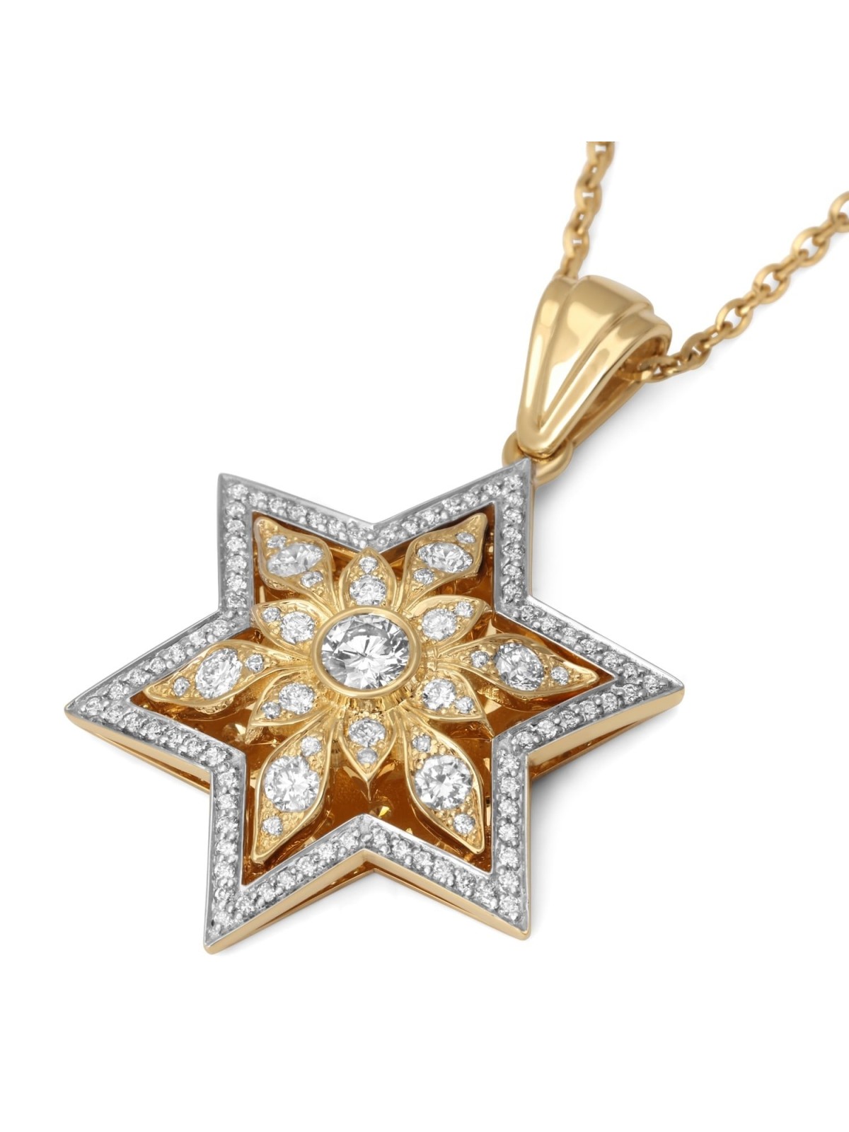 Pendentif étoile de David florale en or 14 carats avec 109 diamants