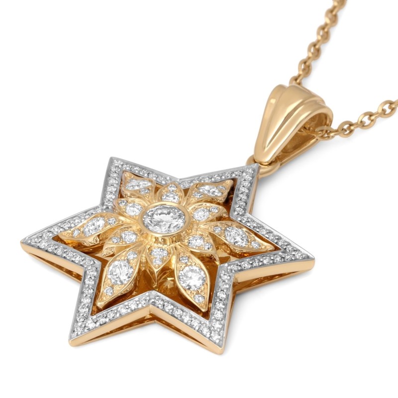 Pendentif étoile de David florale en or 14 carats avec 109 diamants