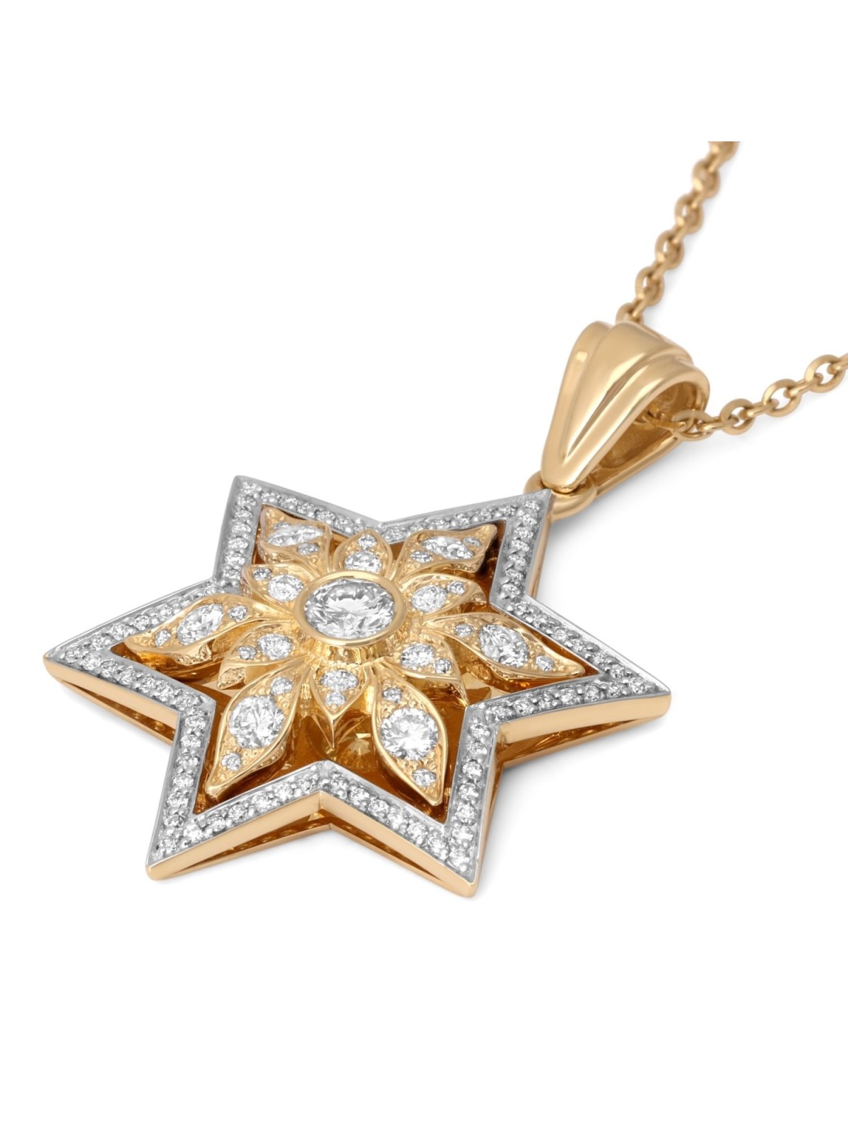 Pendentif étoile de David florale en or 14 carats avec 109 diamants