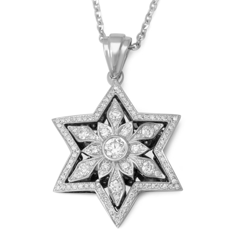 Pendentif étoile de David florale en or 14 carats avec 109 diamants