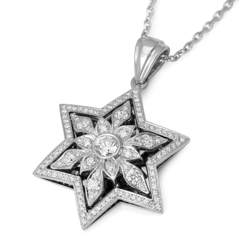 Pendentif étoile de David florale en or 14 carats avec 109 diamants