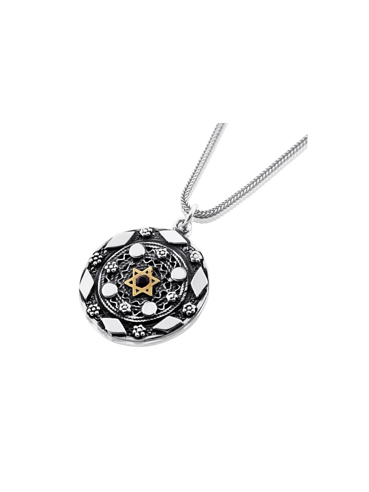 Silver Pendant Necklace with Gold Star of David and Red Garnet Gemston