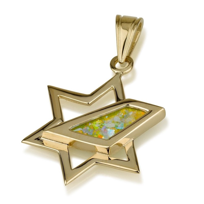 Étoile de David : Pendentif en or 14 carats et verre romain