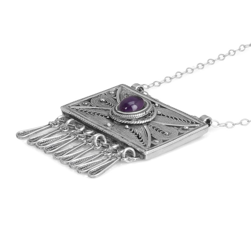 Traditional Yemenite Art Handcrafted Sterling Silver Filigree Box Neck