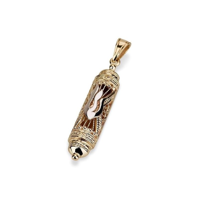 14K Gold Flames of Life Mezuzah Pendant