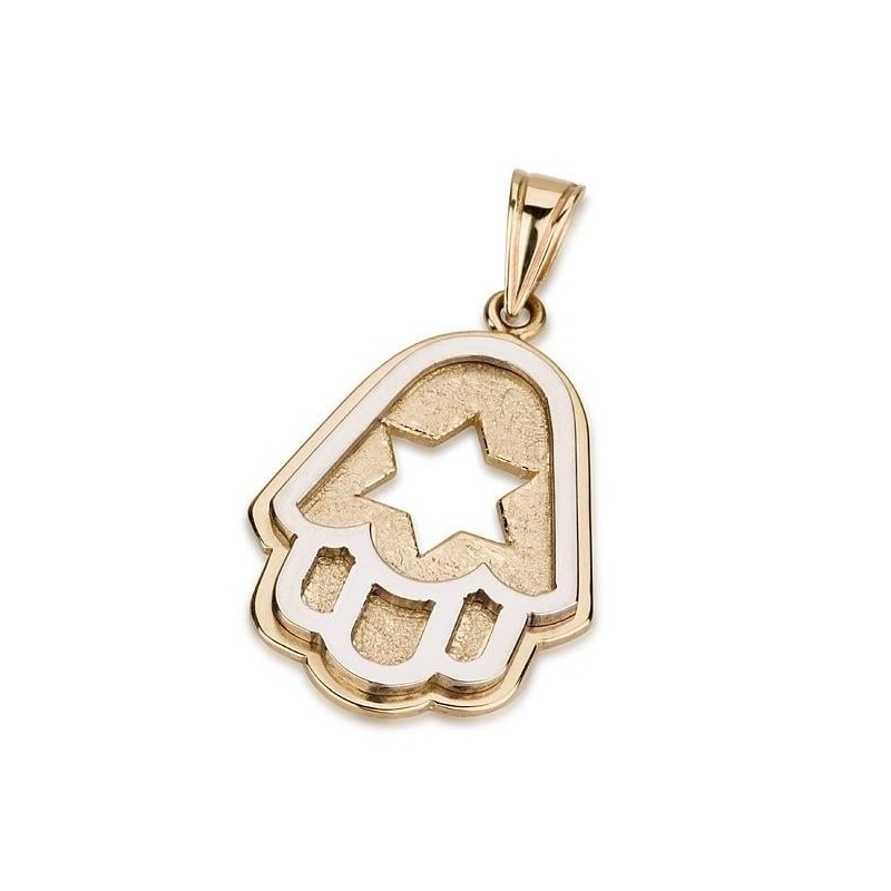 Pendentif Hamsa en couches d'or 14 carats avec étoile de David