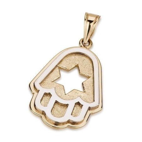 Pendentif Hamsa en couches d'or 14 carats avec étoile de David