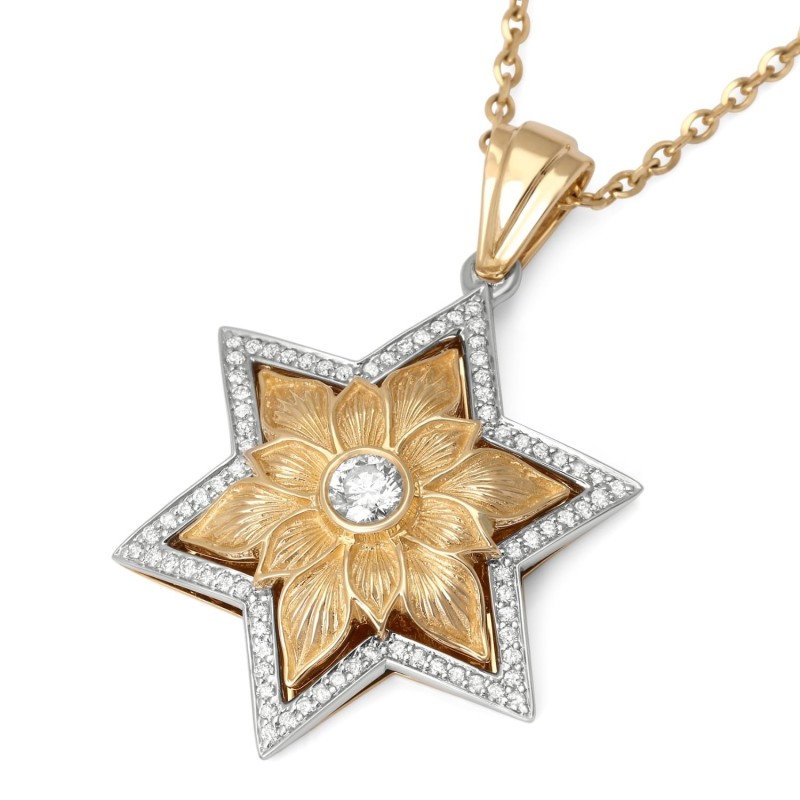 14K Gold Floral Star of David Pendant With 79 Diamonds