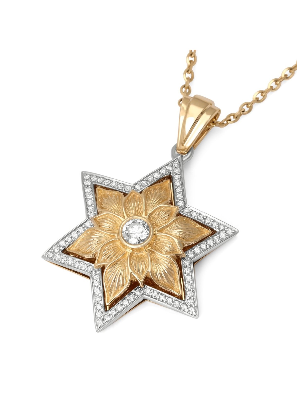 14K Gold Floral Star of David Pendant With 79 Diamonds