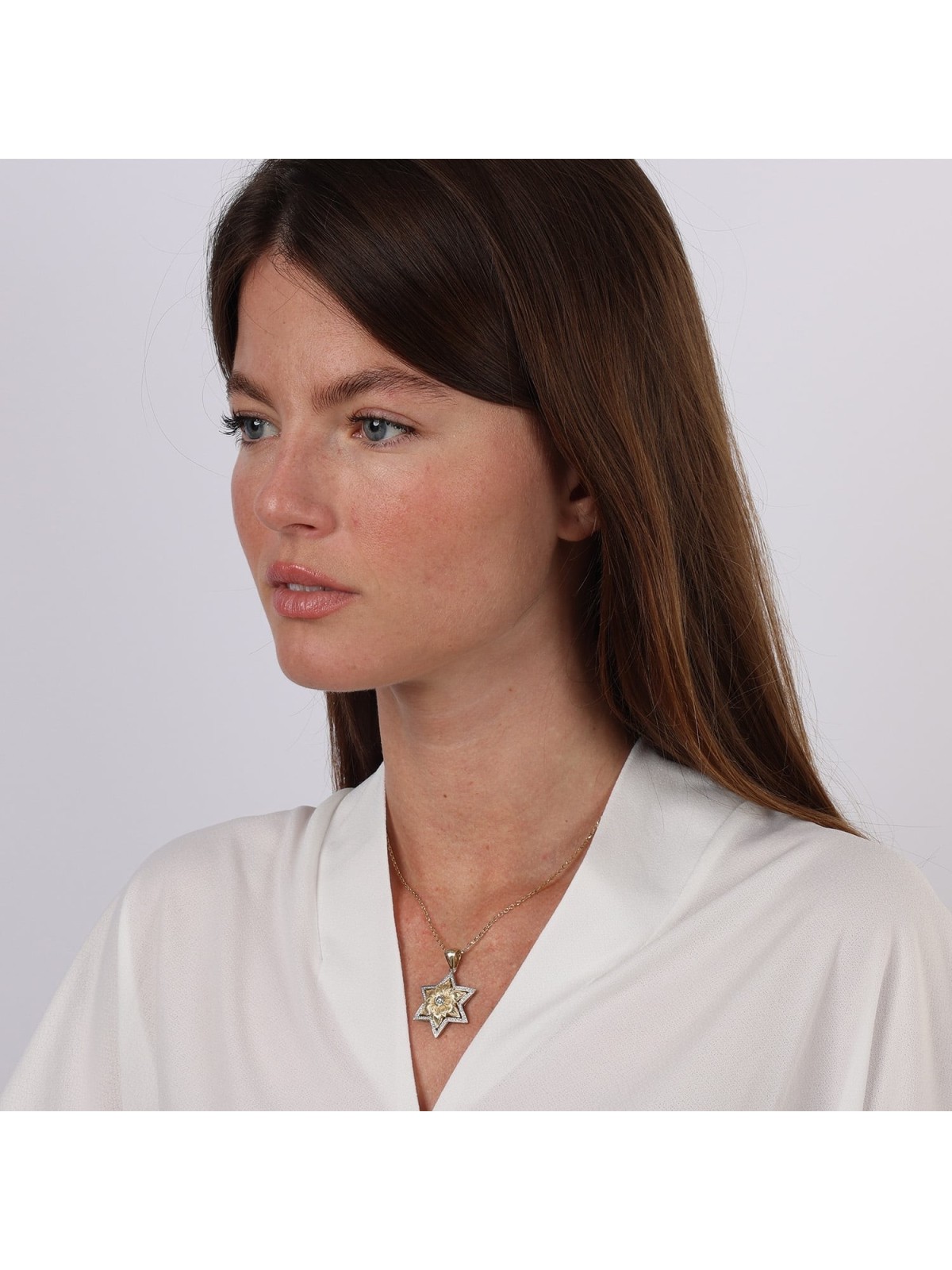 14K Gold Floral Star of David Pendant With 79 Diamonds