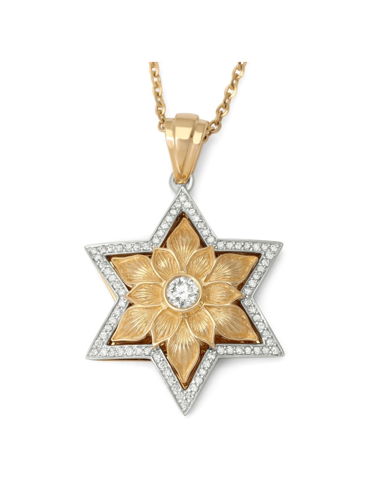 Pendentif étoile de David florale en or 14 carats avec 79 diamants