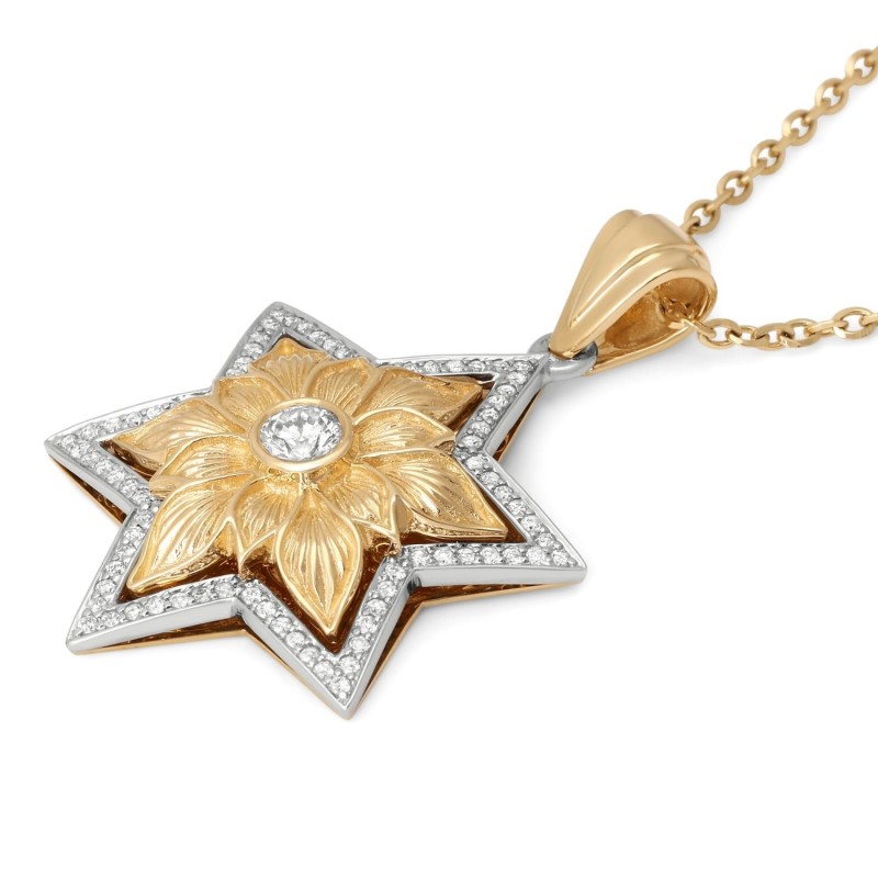 Pendentif étoile de David florale en or 14 carats avec 79 diamants