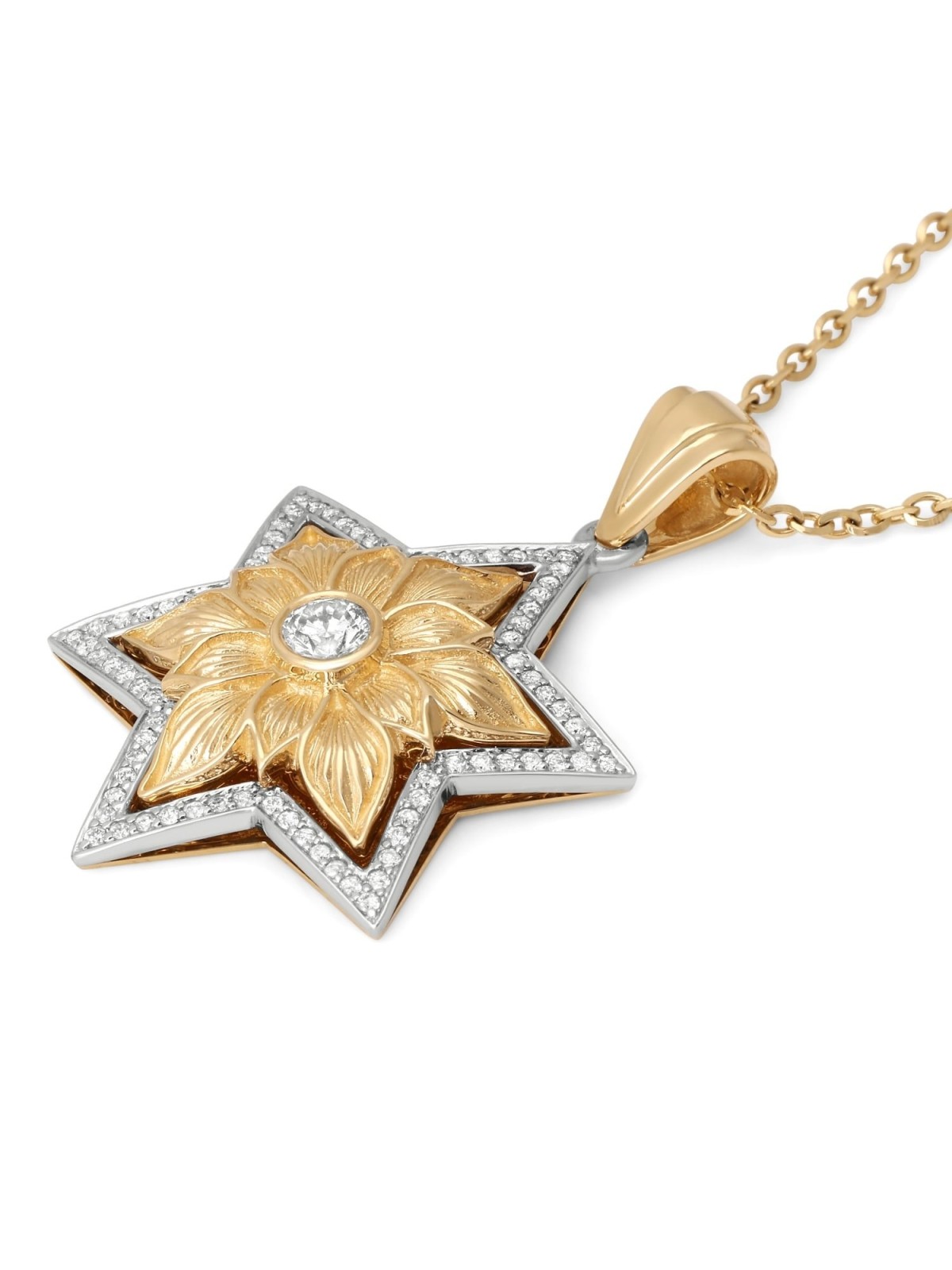 Pendentif étoile de David florale en or 14 carats avec 79 diamants