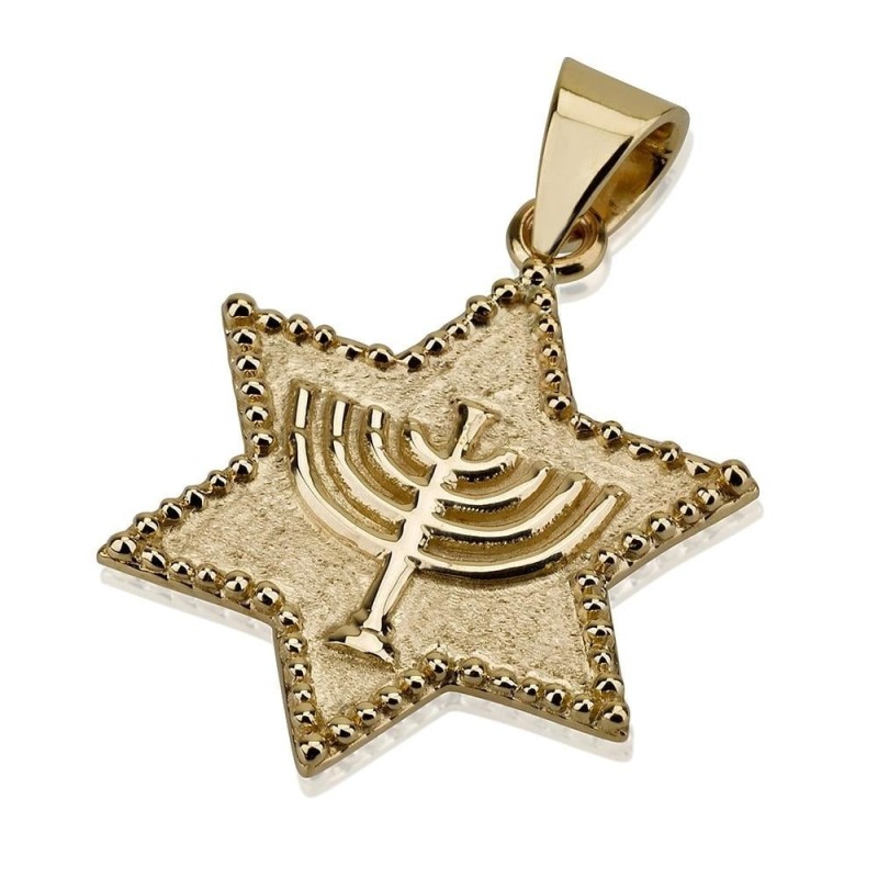 14K Gold Star of David with Menorah Pendant