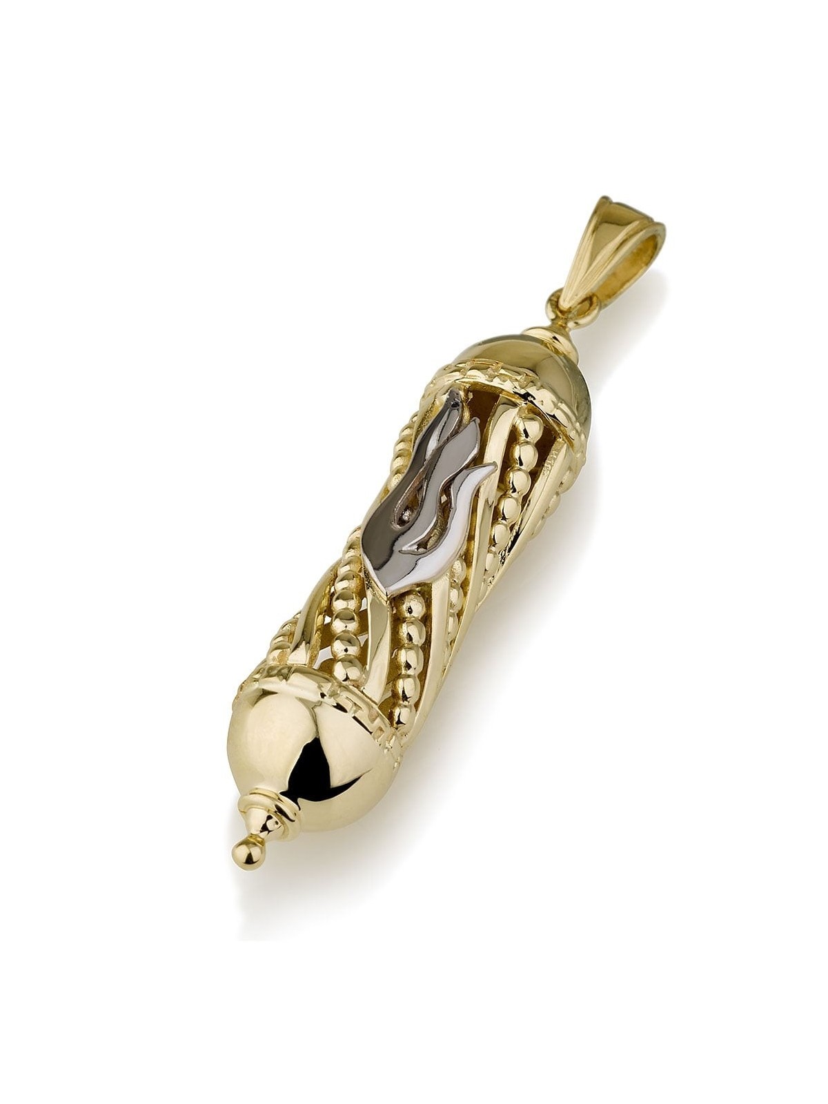 14K Gold Torah Scroll Mezuzah Pendant with 'Shin' Embellishment
