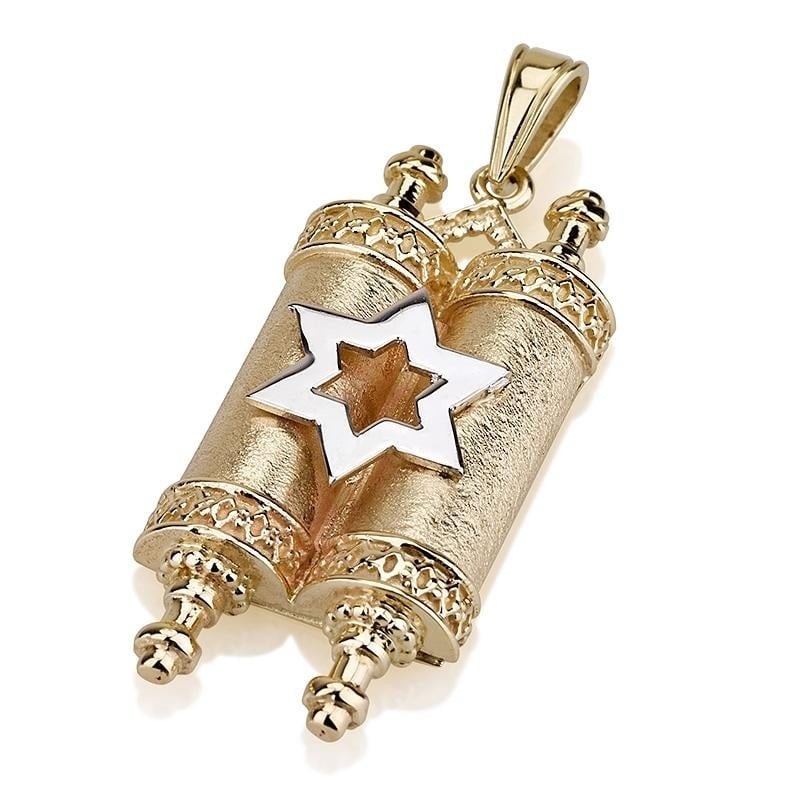 14K Gold Torah Scroll with Star of David Pendant