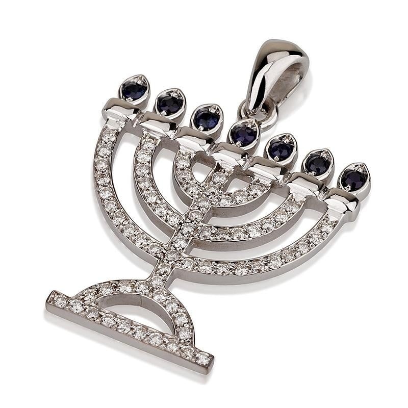 18K White Gold Menorah Pendant with Diamonds and Sapphire Stones
