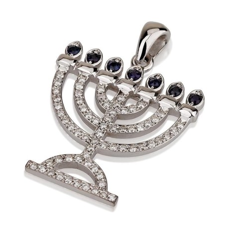 Pendentif Menorah en or blanc 18 carats avec diamants et pierres saphir