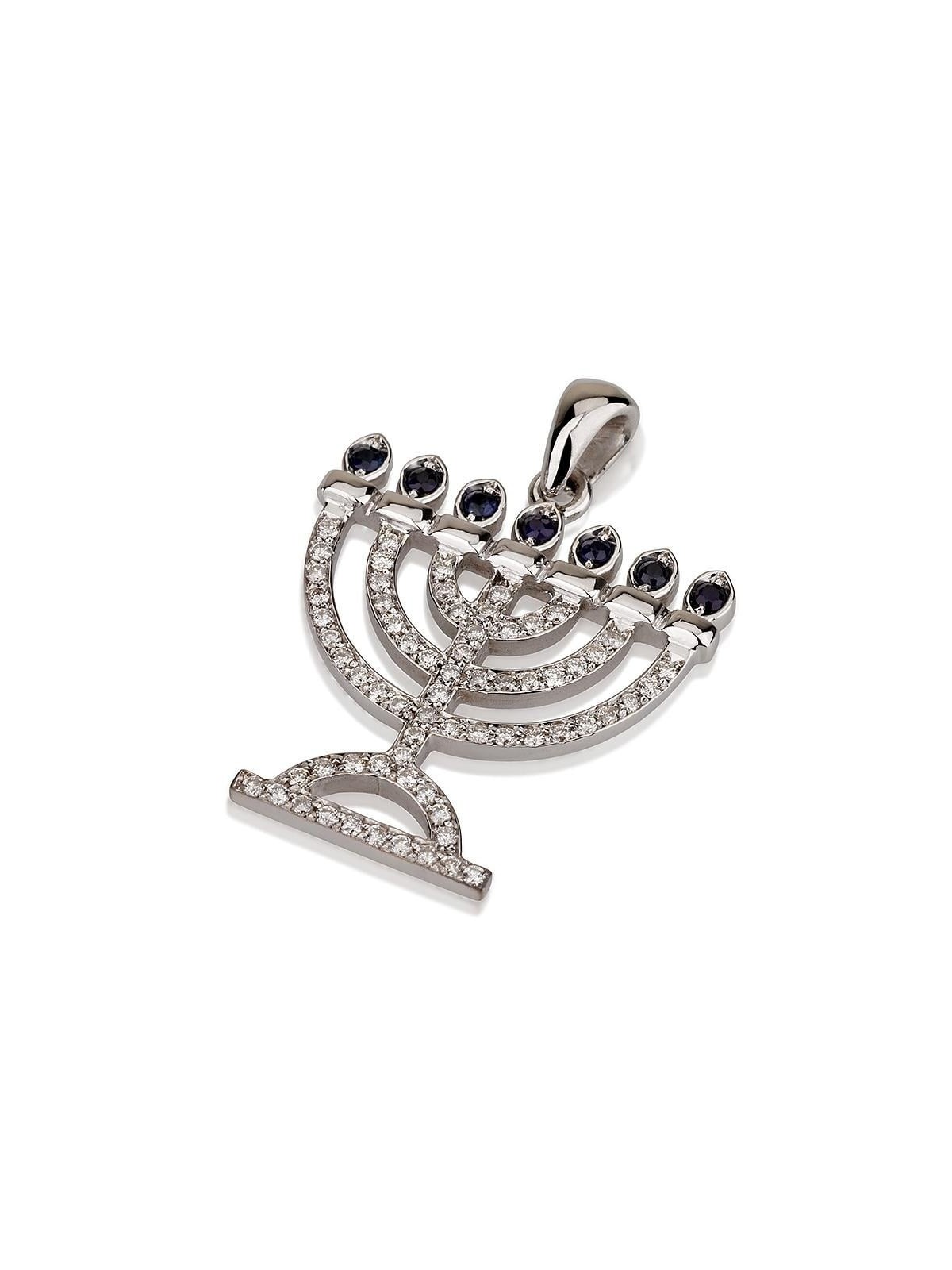 Pendentif Menorah en or blanc 18 carats avec diamants et pierres saphir