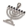 18K White Gold Menorah Pendant with Diamonds and Sapphire Stones