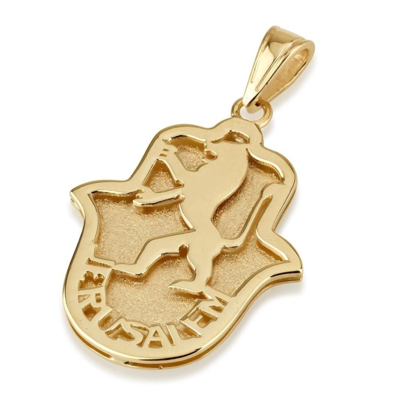 Collier pendentif Lion de Juda et Jérusalem Hamsa en or 14 carats - Jaune o