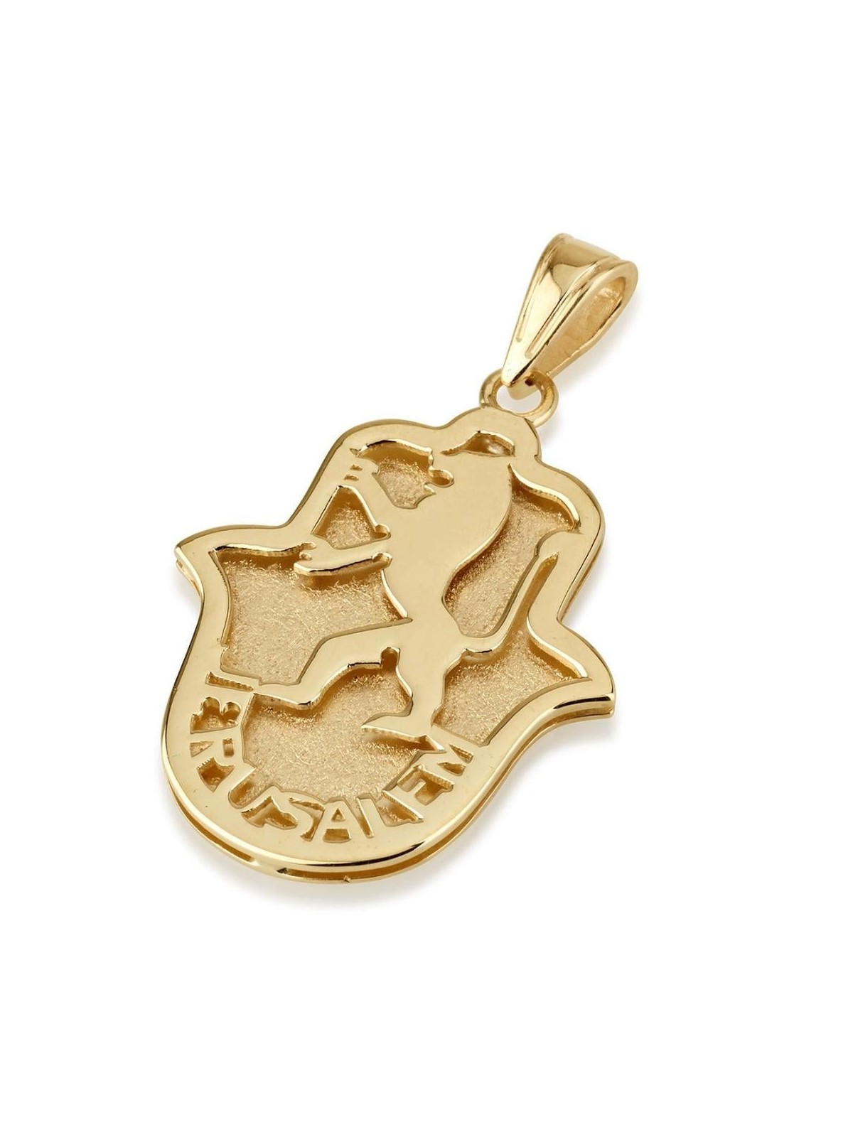 14K Gold Lion of Judah and Jerusalem Hamsa Pendant Necklace - Yellow o