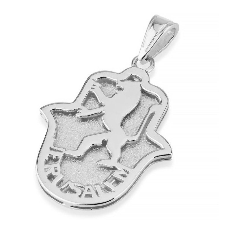 Collier pendentif Lion de Juda et Jérusalem Hamsa en or 14 carats - Jaune o