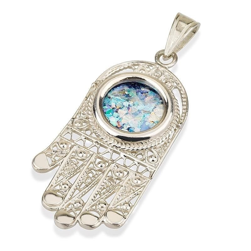 Collier pendentif Hamsa de luxe en verre romain et argent