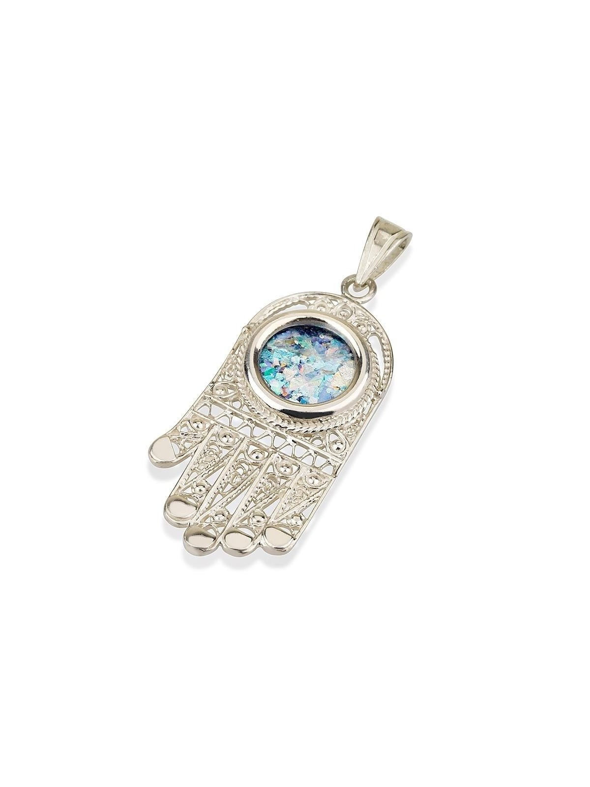 Roman Glass and Silver Deluxe Hamsa Pendant Necklace