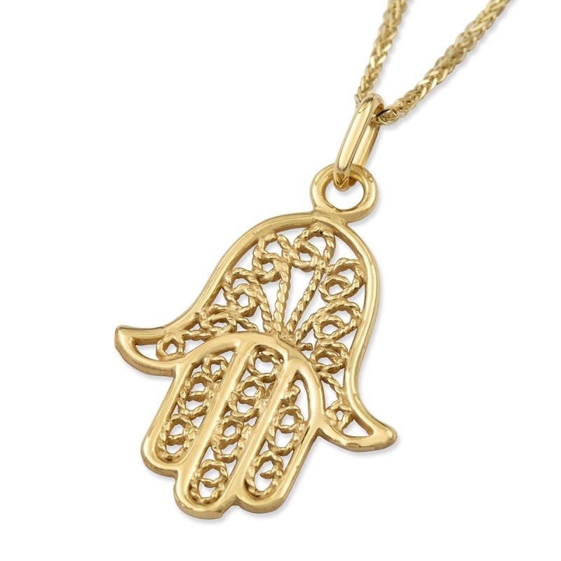 Grand collier pendentif Hamsa en or jaune 14 carats avec motif en filigrane de corde