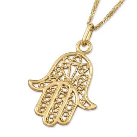 Grand collier pendentif Hamsa en or jaune 14 carats avec motif en filigrane de corde