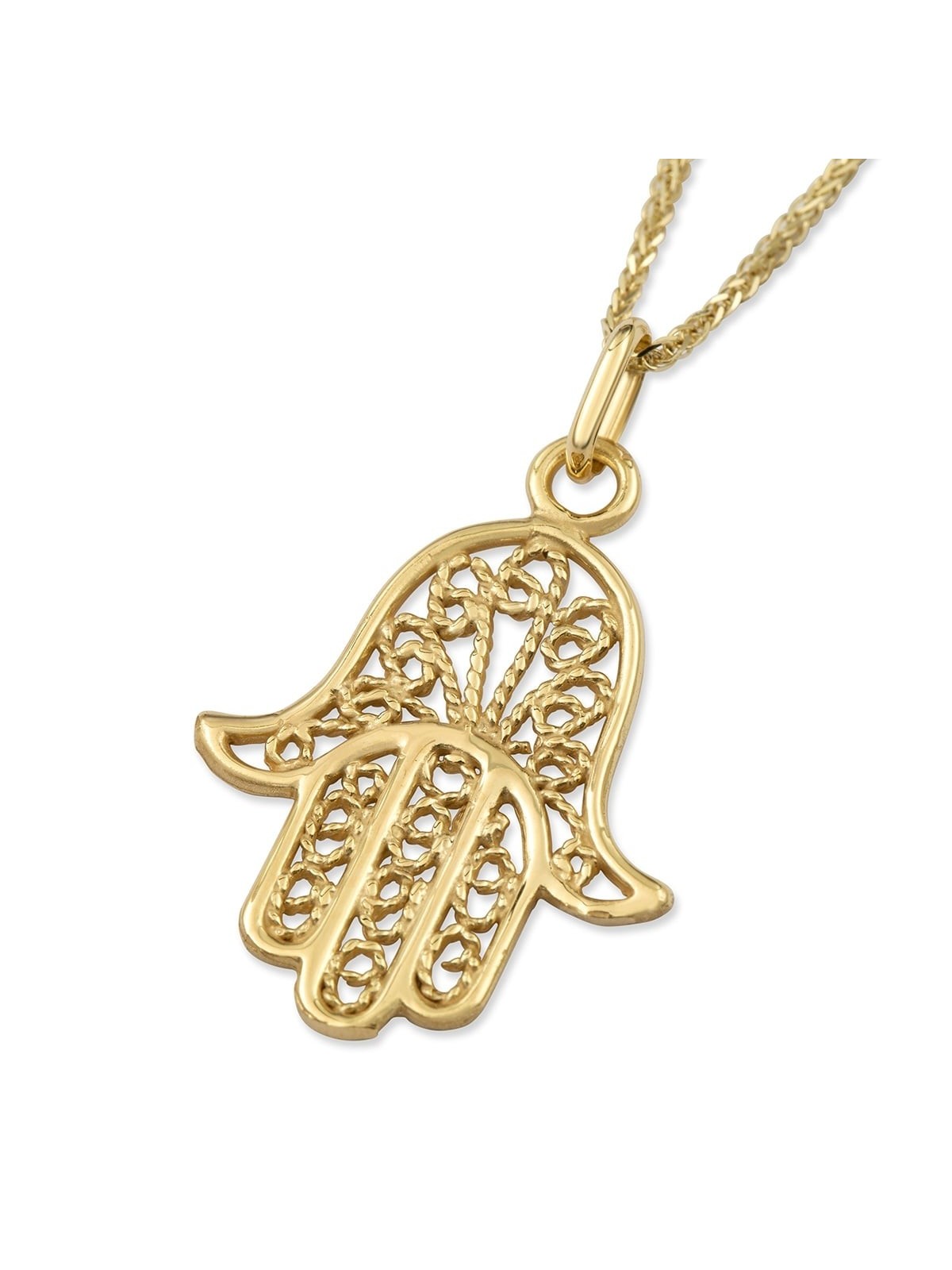 Large 14K Yellow Gold Hamsa Pendant Necklace With Rope Filigree Design