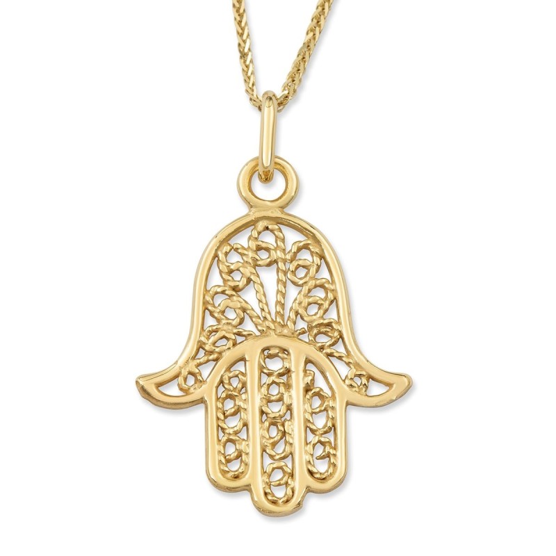 Grand collier pendentif Hamsa en or jaune 14 carats avec motif en filigrane de corde