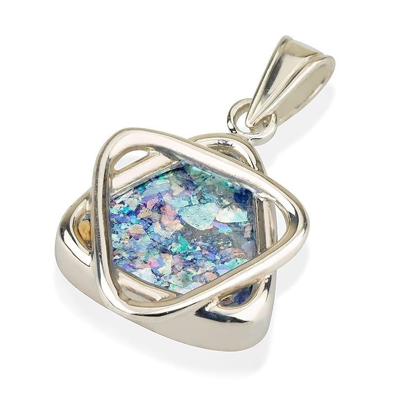 Roman Glass and Silver Layered Star of David Pendant Necklace