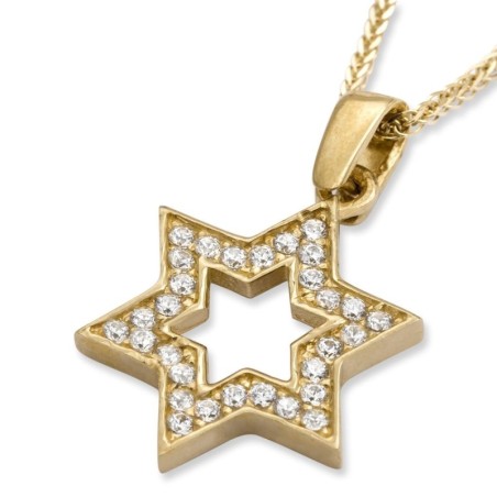 14K Yellow Gold Star of David Outline Pendant Necklace With Cubic Zirc