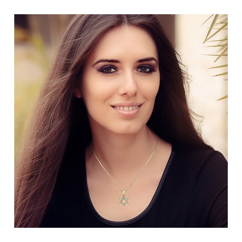 14K Yellow Gold Star of David Outline Pendant Necklace With Cubic Zirc