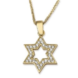 14K Yellow Gold Star of David Outline Pendant Necklace With Cubic Zirc
