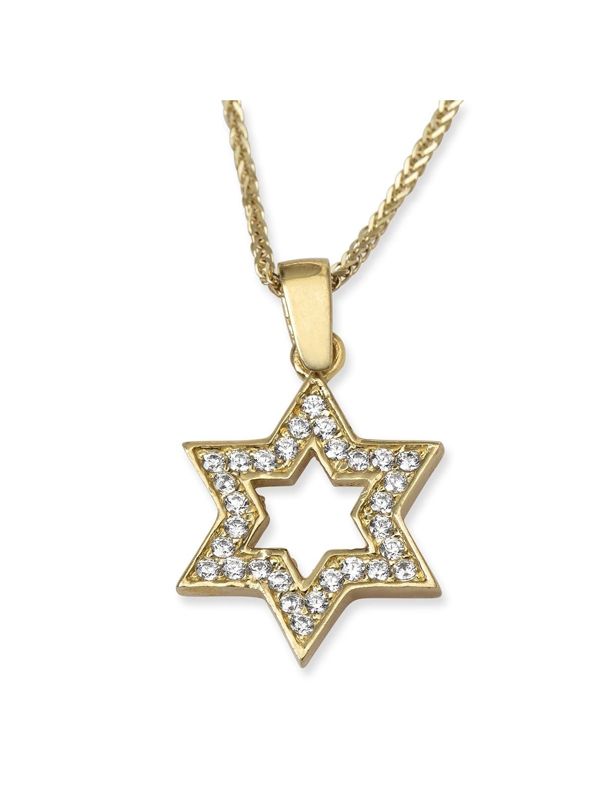 14K Yellow Gold Star of David Outline Pendant Necklace With Cubic Zirc