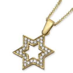 14K Yellow Gold Star of David Outline Pendant Necklace With Cubic Zirc