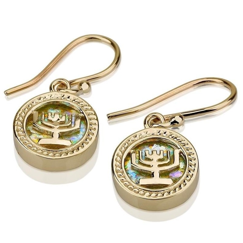 Boucles d'oreilles menorah en or 14 carats et verre romain